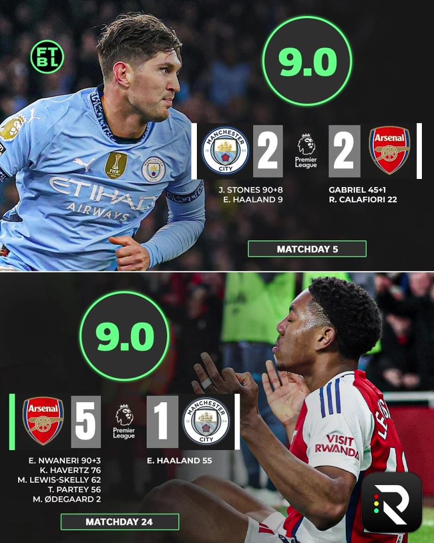 意外嗎?外網球迷票選英超賽季最佳比賽,兩回合阿森納vs曼城居首